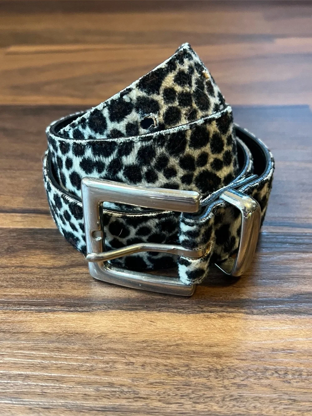 Vintage Faux Fur Leopard print leather belt with silver hardware